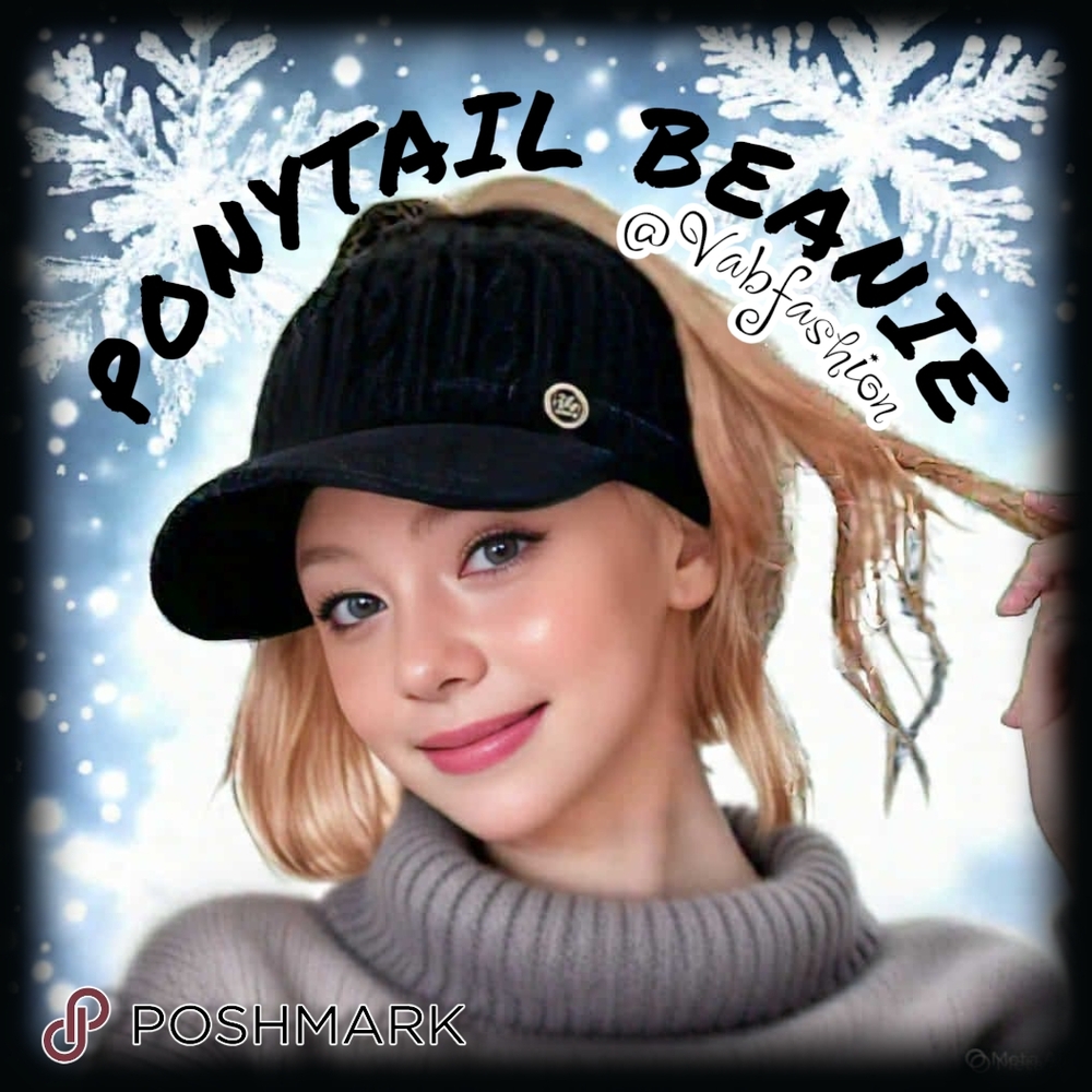 Black Knit Ponytail Winter Beanie with Brim